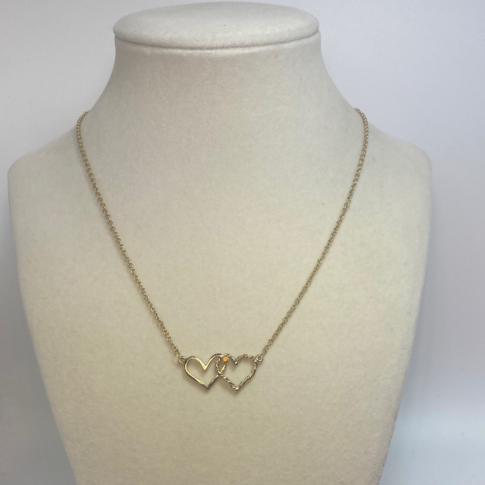 Gold Tone Double Heart Pendant Necklace 16 Inches with Birthstone For November